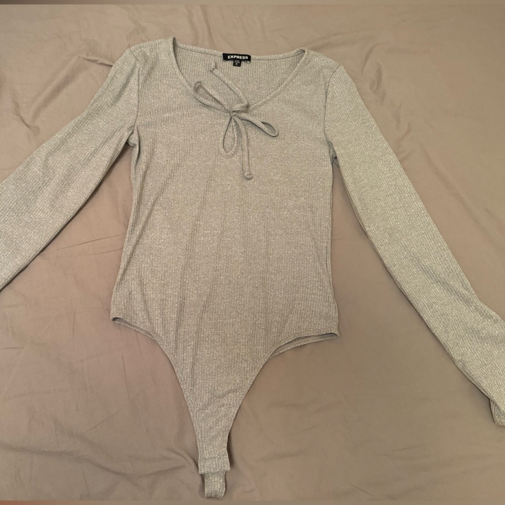 Express Gray Ribbed Bodysuit with Tie Detail (worn once)